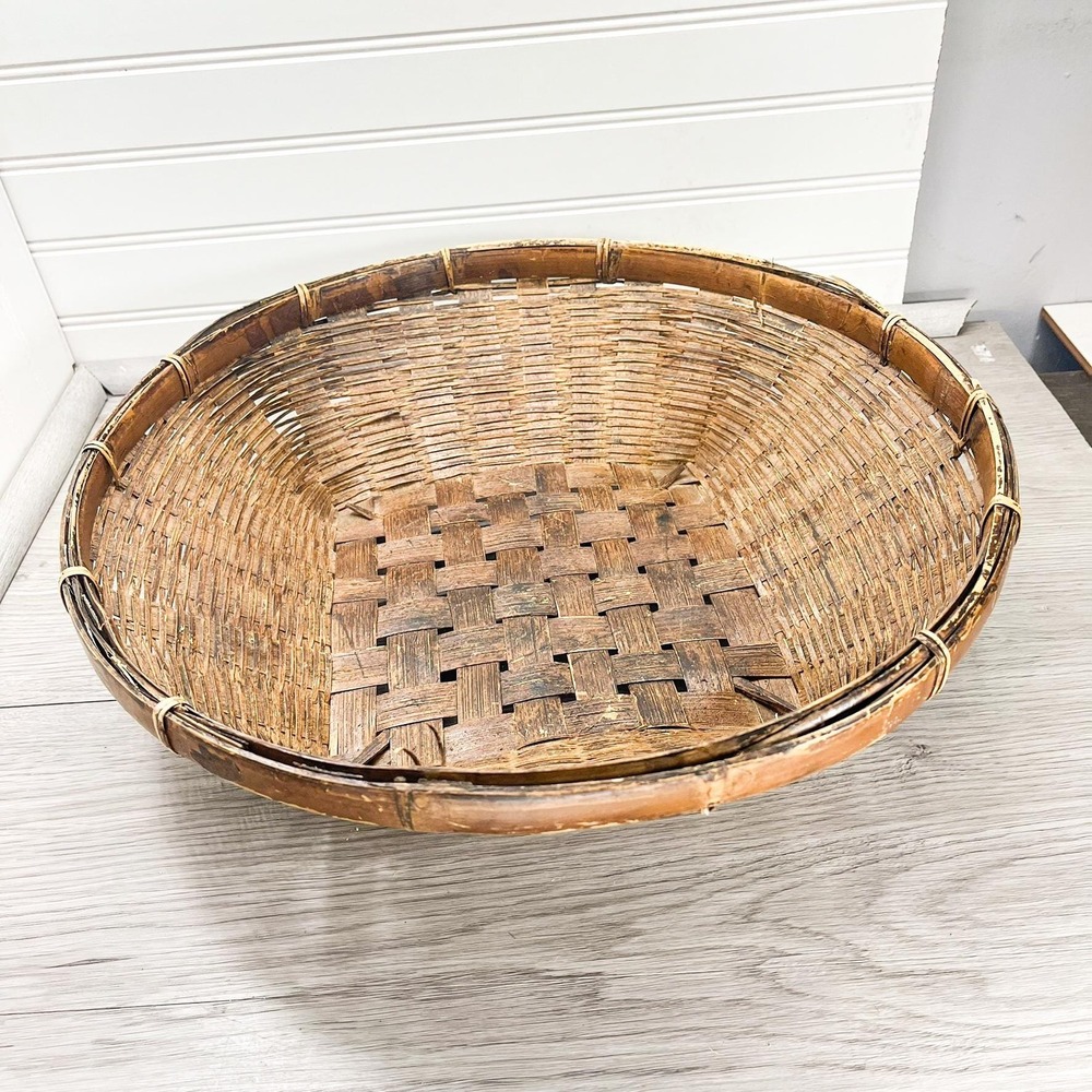 Antique‎ Handwoven Wicker Basket: Farmhouse Decor, 16-inch Round